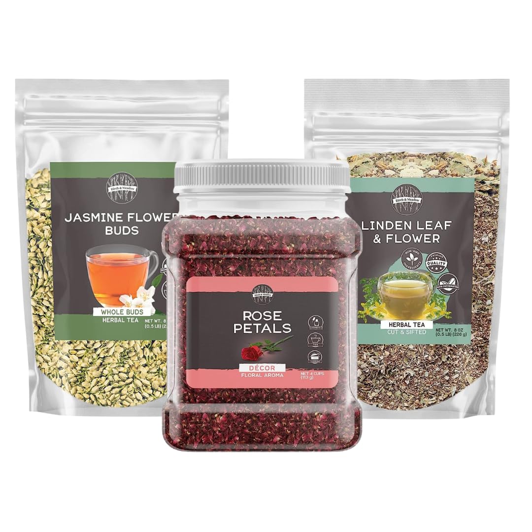 Birch & Meadow Flower Tea Bundle, Rose Petals, Jasmine Flower Buds, Linden Leaf And Flower, Various Sizes, Sweet Teas