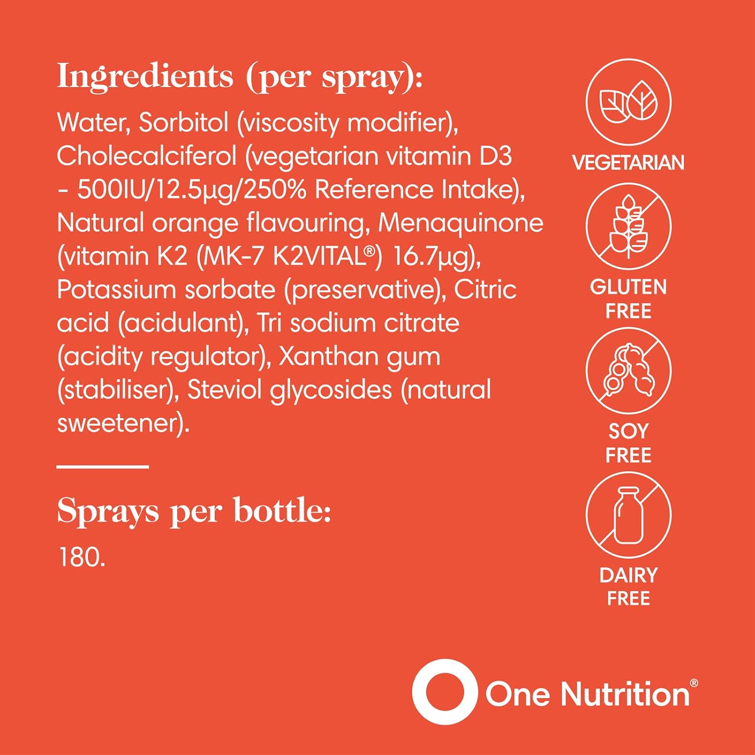 One Nutrition D3 + K2 Oral Spray – Vitamin D3 & Vitamin K2 – Highly Absorbable – Supports Bone Health & Immune System – Orange Flavour – 500IU D3 and 16.7µg K2 Per Spray - 180 Sprays : Amazon.co.uk: Health & Personal Care