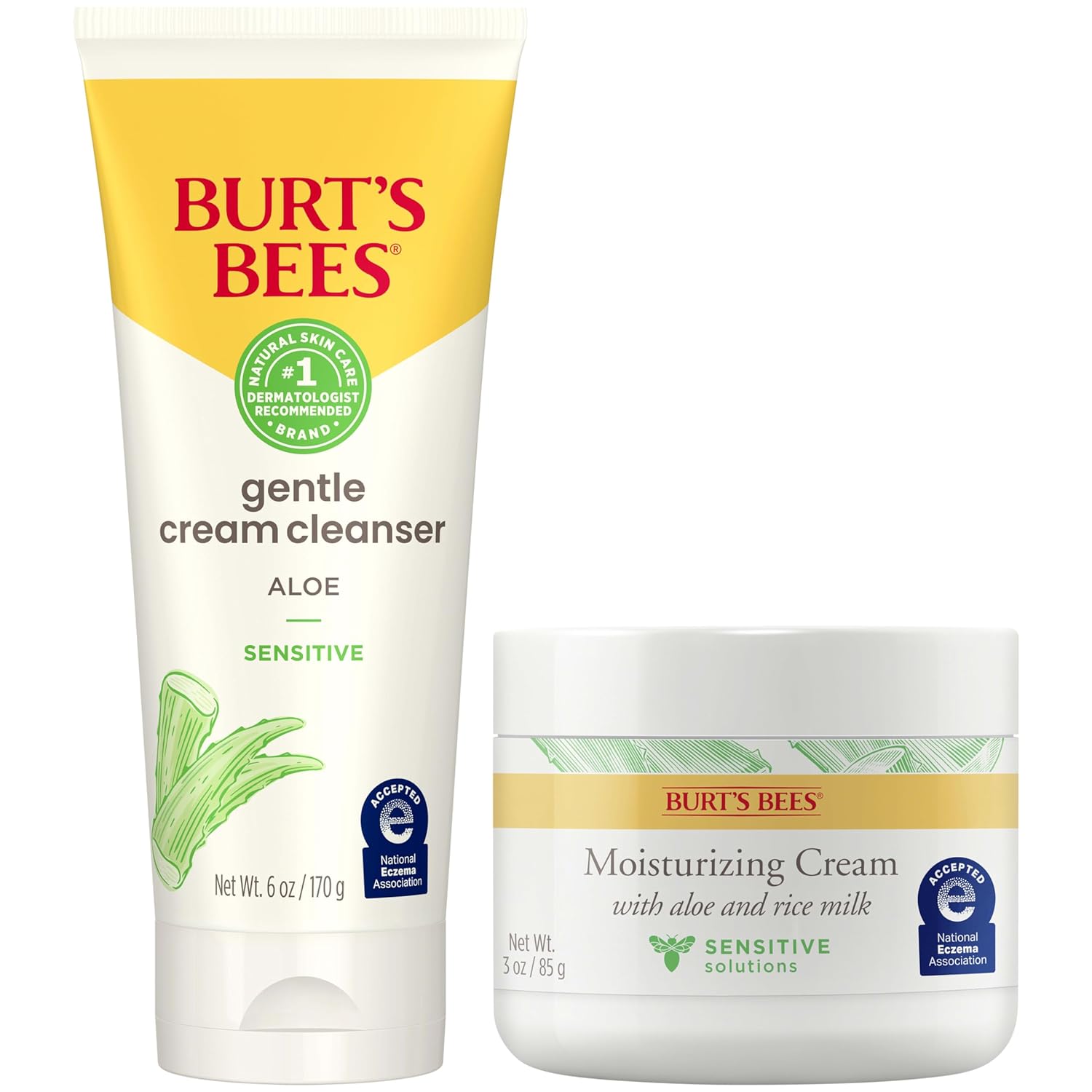 Burt’S Bees Sensitive Skin Bundle, Gentle Cream Facial Cleanser With Aloe And Moisturizing Face Cream With Aloe And Rice Milk, Natural Origin Skincare, 6 Oz./3 Oz