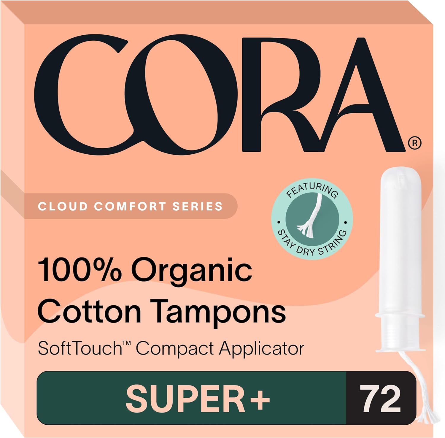 Cora Organic Applicator Tampons | Super Plus Absorbency | 100% Organic Cotton, Unscented, Bpa-Free Compact Applicator | Leak Protection | Packaging May Vary | 72 Total