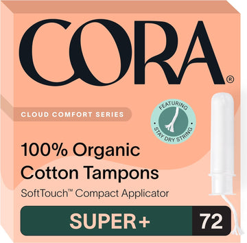 Cora Organic Applicator Tampons | Super Plus Absorbency | 100% Organic Cotton, Unscented, Bpa-Free Compact Applicator | Leak Protection | Packaging May Vary | 72 Total