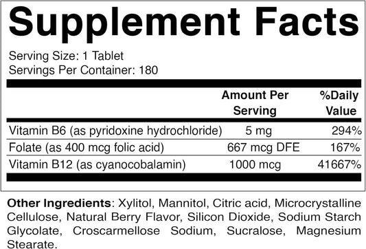 Vitamatic Folic Acid B12 B6 - Heart Health, Energy & Red Blood Cell Support - 180 Fast Dissolve Tablets