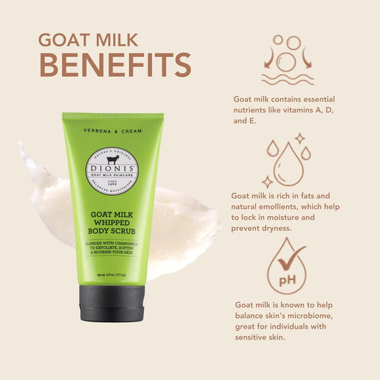 Dionis - Goat Milk Skincare Scented Whipped Body Scrubs - Intensely Hydrating Exfoliating Wash For Softer, Smoother Skin, Made In The Usa - Cruelty Free And Paraben Free, Verbena & Cream, 6Oz