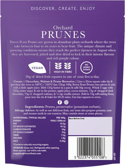 Forest Feast Dried Orchard Prunes 6 X 200G | Naturally Dried Whole Prunes Fruit Snack With No Added Sugar, High In Fibre & Low Fat | Snacking, Baking Or Cooking