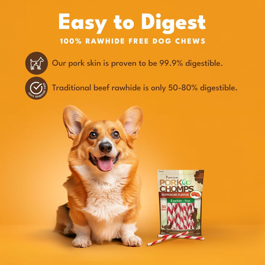 Pork Chomps Baked Pork Skin Dog Chews, 5-Inch Mini Twists, Pepperoni Flavor Wrap, 30 Count