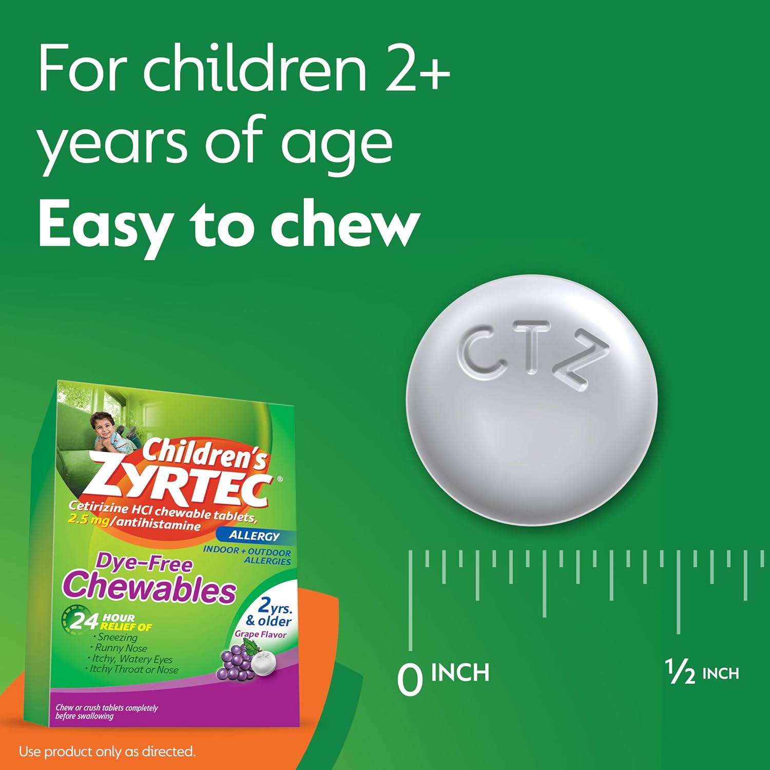 Zyrtec Children's Dye-Free Chewables for 24 Hour Allergy Relief, 2.5 mg Cetirizine HCl Antihistamine Tablets, Kids Allergy Medicine Relieves Sneezing & Itchy Nose & Throat, Grape, 12 ct : Health & Household