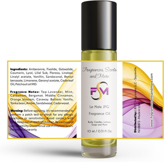 Le Male Jpg Fragrance Oil - 3 Bottles 0.33 Fl Oz Glass Roll On (10Ml)