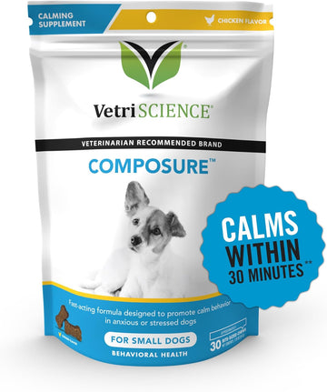 VETRISCIENCE Composure Calming Treats for Small Dogs Dealing with Anxiety, Separation Stress, Noise, Thunder and Barking - Yummy Flavored Chews Pets Love, 30 Chews