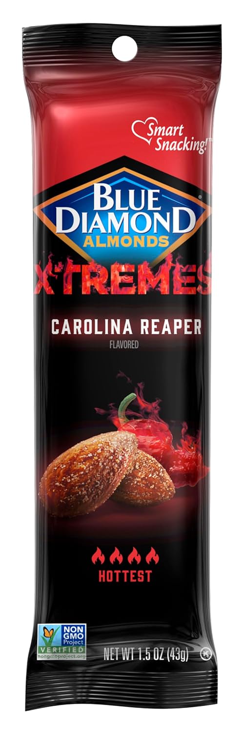 Blue Diamond Almonds, Xtremes Carolina Reaper Spicy Snack Nuts, 1.5Oz Tube, Pack Of 12