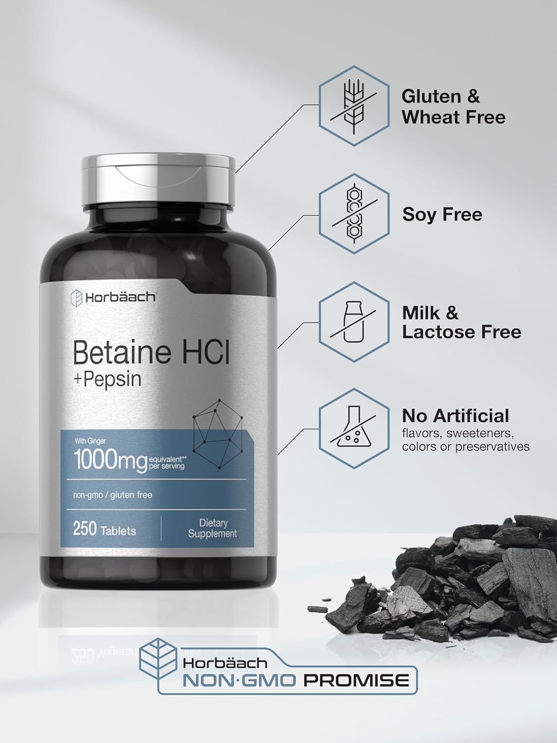 Horbäach Betaine HCl with Pepsin | 1000mg | 250 Tablets | Hydrochloride Supplement | with Ginger Root | Non-GMO, Gluten Free : Health & Household