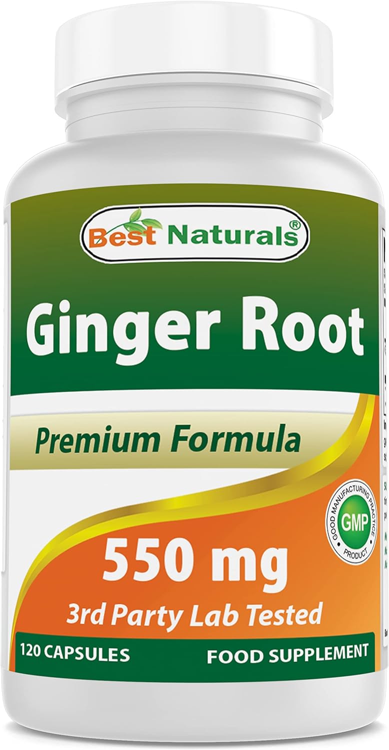 Best Naturals Ginger Root Capsules Supplement for Nausea and Motion Sickness, 550 mg, 120 Count