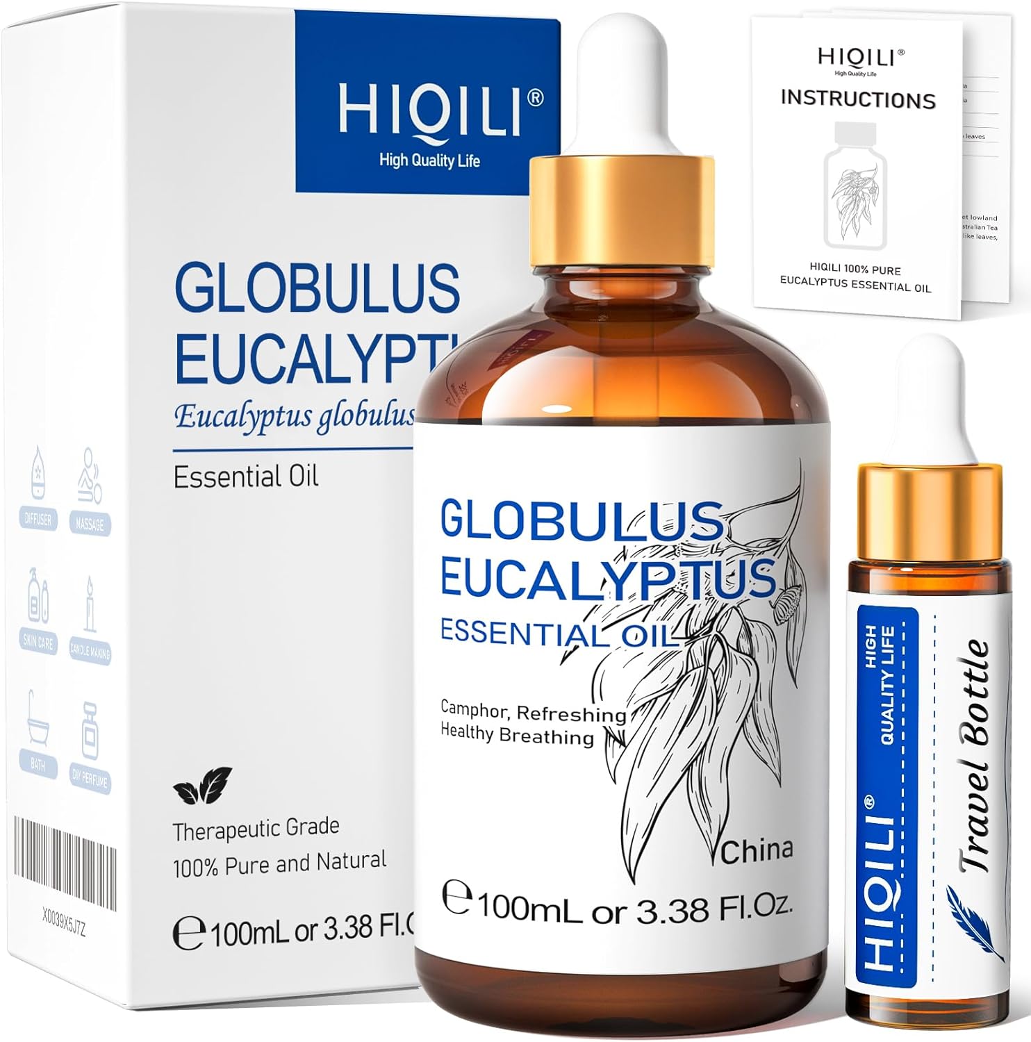 HIQILI Eucalyptus Essential Oil (100ML), 100% Pure Natural Eucalyptus Oil for Diffuser, Humidifier, Aromatherapy - 3.38 Fl Oz