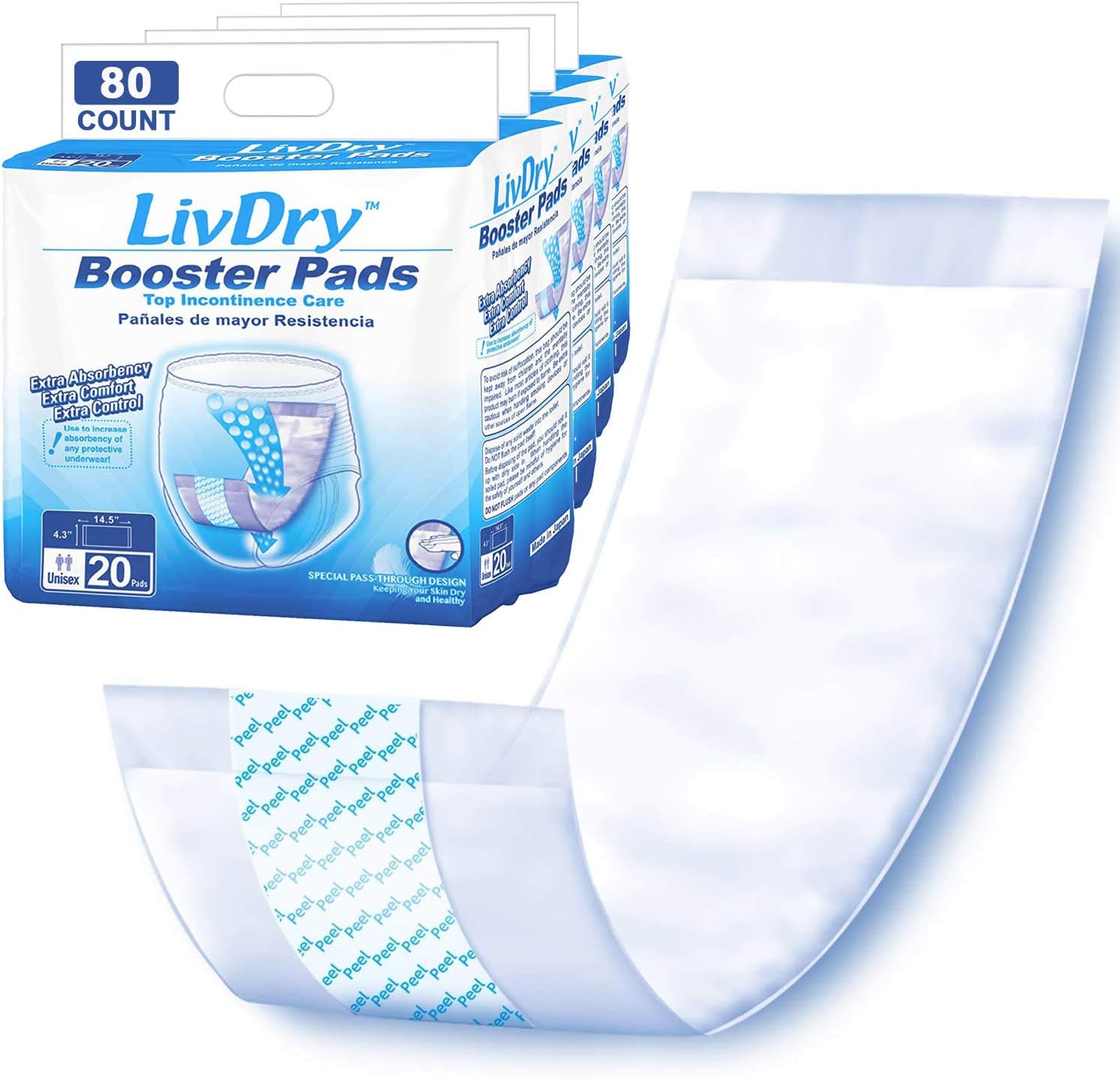 LivDry Incontinence Booster Pads, Use with Adult Diapers for Women and Men, Extra Comfort Softness, Disposable Pad (80 Count, Regular Length)