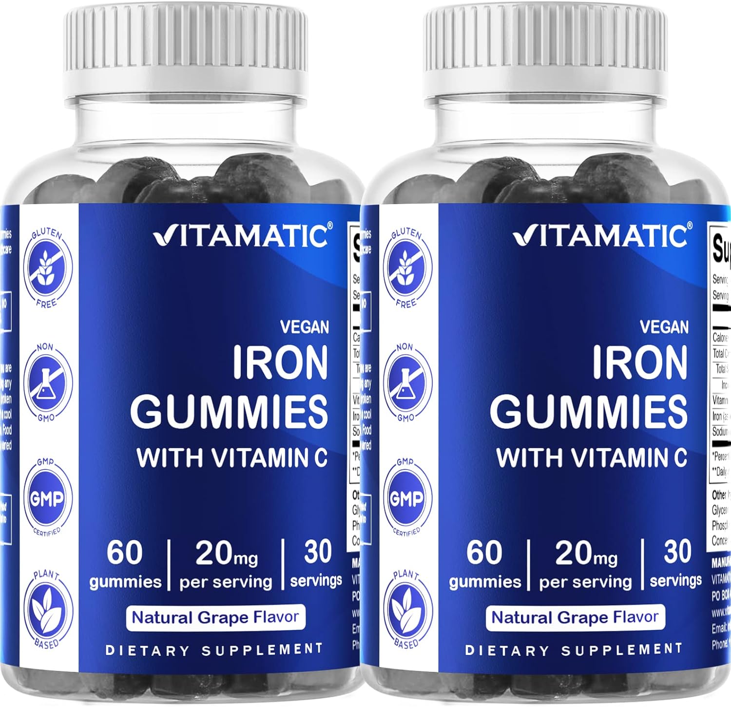 Vitamatic Iron Gummies Supplement for Women & Men - 20mg Serving - 60 Vegan Gummies - Great Tasting Iron Gummy Vitamins with Vitamin C