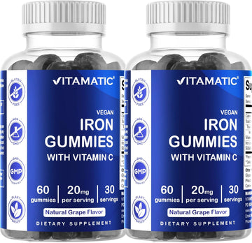 Vitamatic Iron Gummies Supplement for Women & Men - 20mg Serving - 60 Vegan Gummies - Great Tasting Iron Gummy Vitamins with Vitamin C