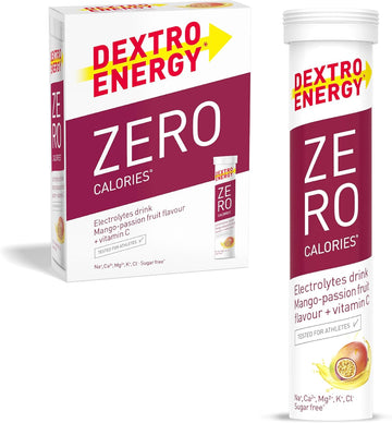 Dextro Energy Zero Calories Mango And Passionfruit I Electrolytes Sports Drink I Effervescent Tablets | Rapid Recovery And Hydration Electrolyte Drink I With Vitamin C I Vegan I 3 Tubes, 60 Tablets
