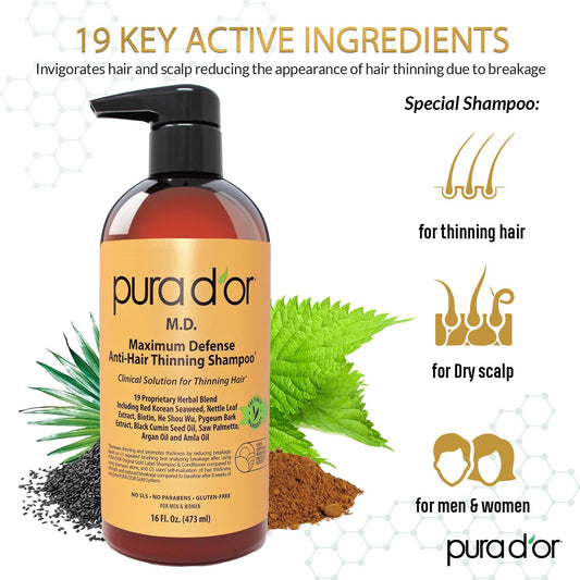 Pura D'Or Md Anti-Thinning Biotin Shampoo & Conditioner Set (16Oz X2) Maximum Defense Coal-Tar Strong Scented Dht Blocker Hair Thickening Products For Women & Men, Daily Shampoo For Scalp Health