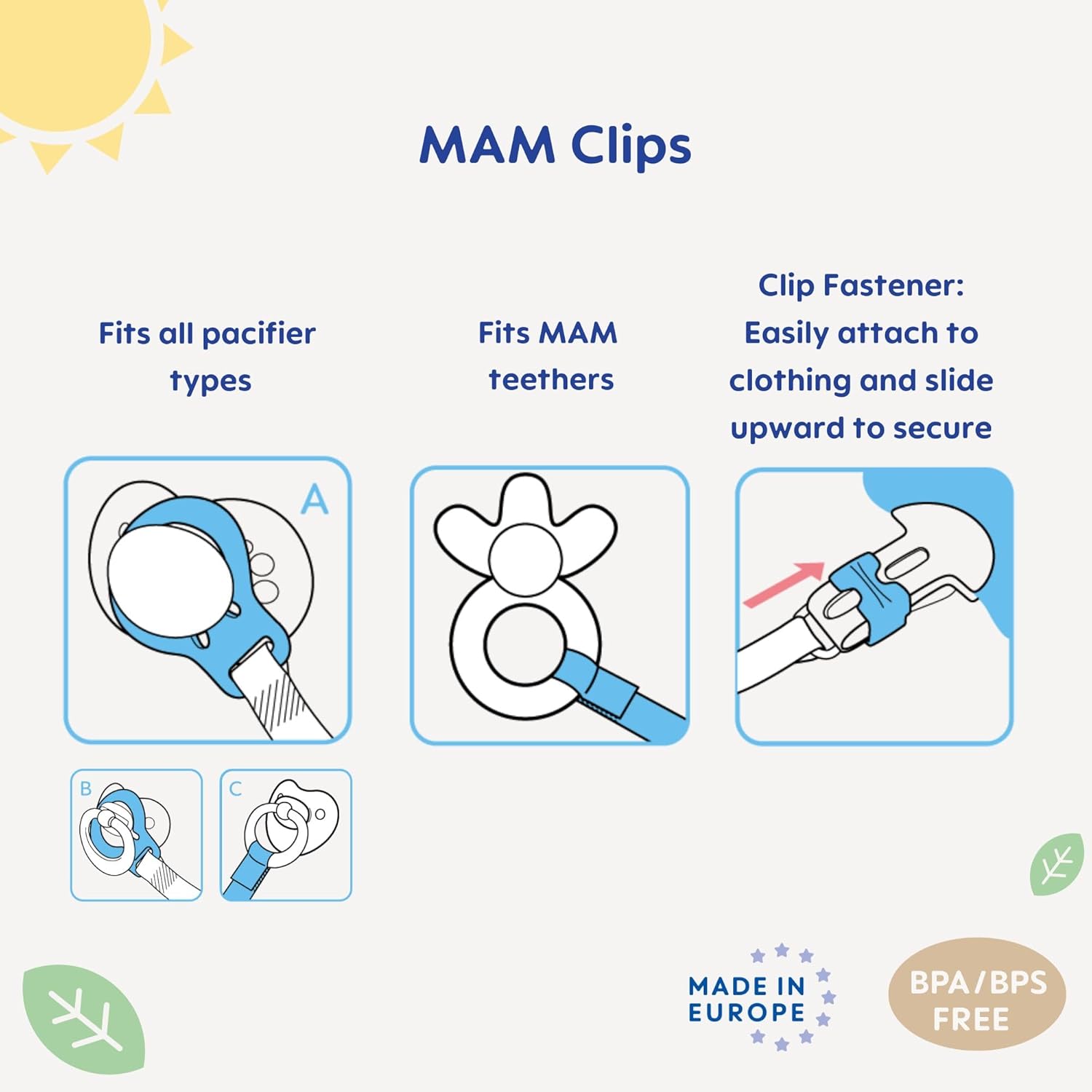 Mam Pacifier Clips (2 Clips), Clips For Pacifiers With Fasteners And Flexible Rings, Pacifier Clips For Boys, Designs May Vary