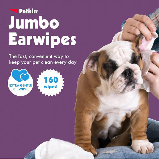 Petkin Jumbo Pet Ear Wipes, 80 Extra Moist Wipes, 2 Pack -Soothing & Deodorizing Pet Ear Cleaner to Remove Dirt, Odor, & Wax-Safe, Convenient, & Easy to Use Pet Wipes for Dogs, Cats, Puppies & Kittens