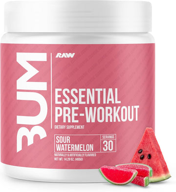 Raw Essential Pre-Workout Powder (Sour Watermelon) - Chris Bumstead Sports Nutrition Supplement For Men & Women Preworkout Energy With Caffeine, L-Citrulline, L-Tyrosine, Beta Alanine Blend