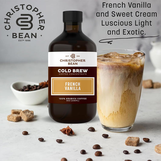 Christopher Bean Hand Crafted French Vanilla Flavored Coffee - Unsweetened Cold Brew & Iced Instant Coffee Distillate Liquid Java - Vanilla Coffee Beans Extract 100% Arabica, (8-Ounce), 236 Ml