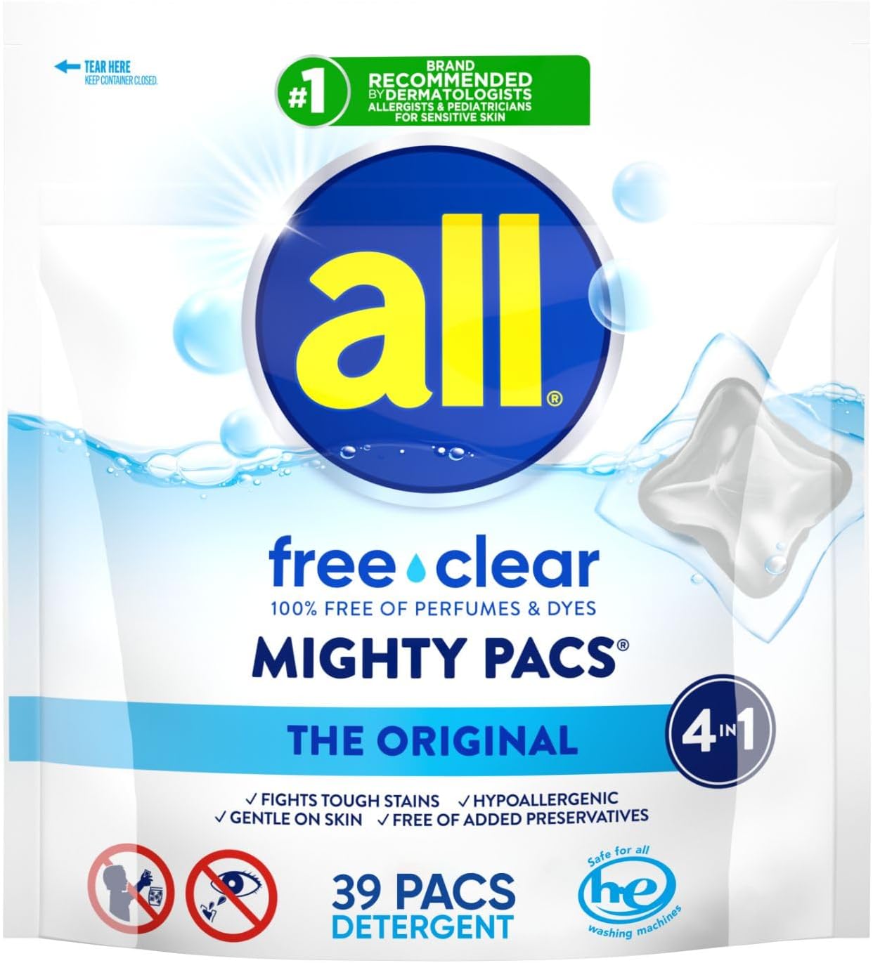 All Mighty Laundry Detergent Pacs, Free Clear For Sensitive Skin, Unscented And No Dye, 39 Count