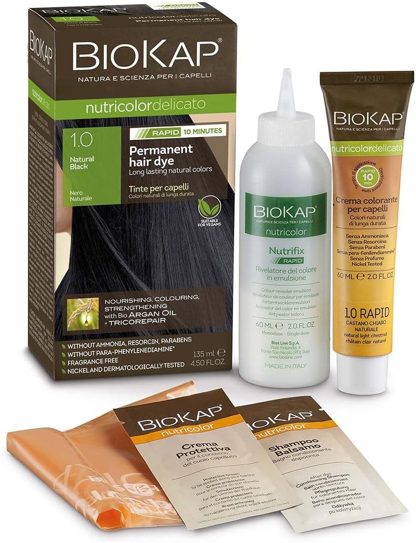 Biokap Natural Black 1.0 Rapid Hair Dye 135 Ml - Works In Just 10 Mins, Permanent, Vegan & Natural Nourishing Formula Suitable For Sensitive Skin