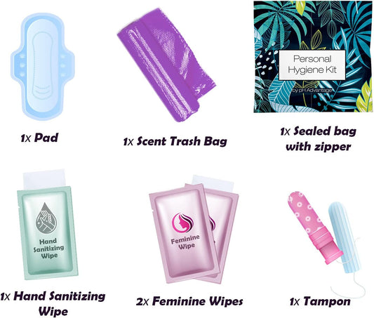 3 x Menstrual All-in-One Kits - Assorted Colors | Convenience on The Go | Single Period Kit Packs | Individually Wrapped Feminine Hygiene Products (Black Treads/Blue Forest/Green Ferns)