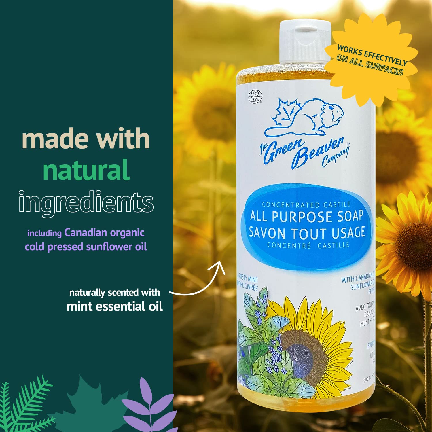 Green Beaver All Purpose Liquid Soap, Natural All Purpose Concentrated Castile Soap, Hand, Laundry, Body And House Wash For All Skin Types, Frosty Mint, 1 Liter : Beauty & Personal Care