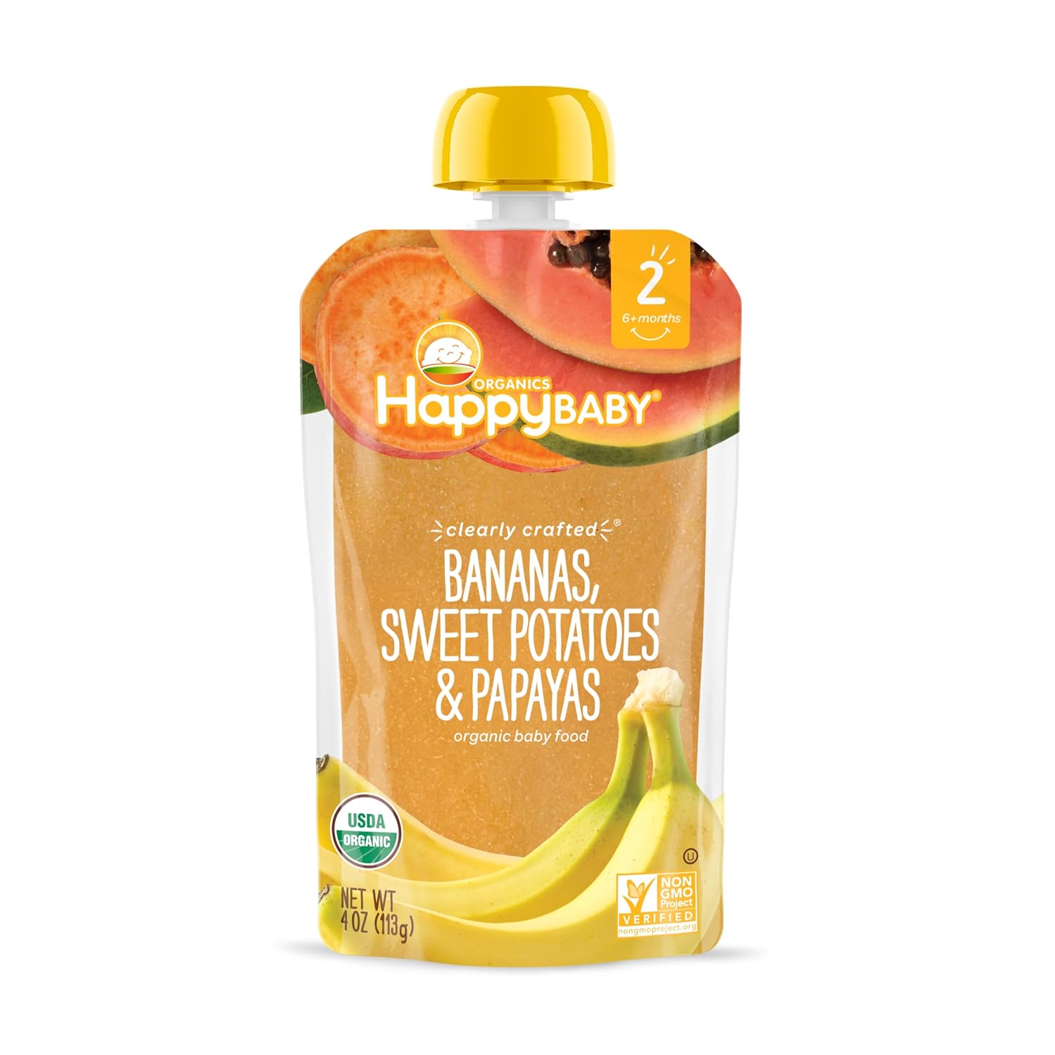 Happy Baby Organic Clearly Crafted Stage 2 Baby Food Bananas, Sweet Potatoes & Papayas, 4 Pouch (Pack of 16), Banana Sweet Potato Yellow Papaya, 64 Oz : Everything Else