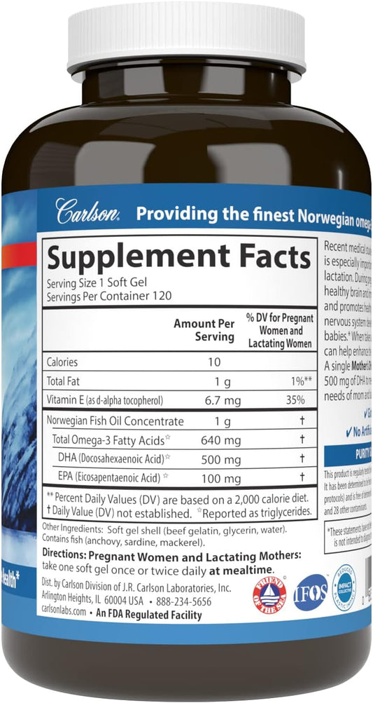 Carlson - Mother's DHA, 500 mg DHA, Prenatal Support, Fetal Development & Immune Health, 120 Softgels