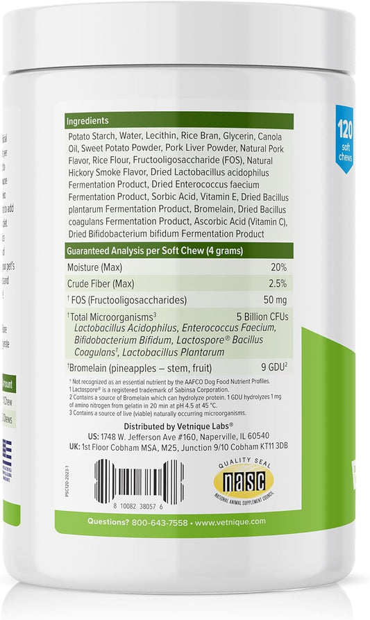 Vetnique Labs Profivex Probiotics For Dogs All Natural Dog Chews & Powder For Digestive Health Probiotic Supplements For Dogs 5 Strains Of Probiotics & Prebiotics (Soft Chews, 120Ct)