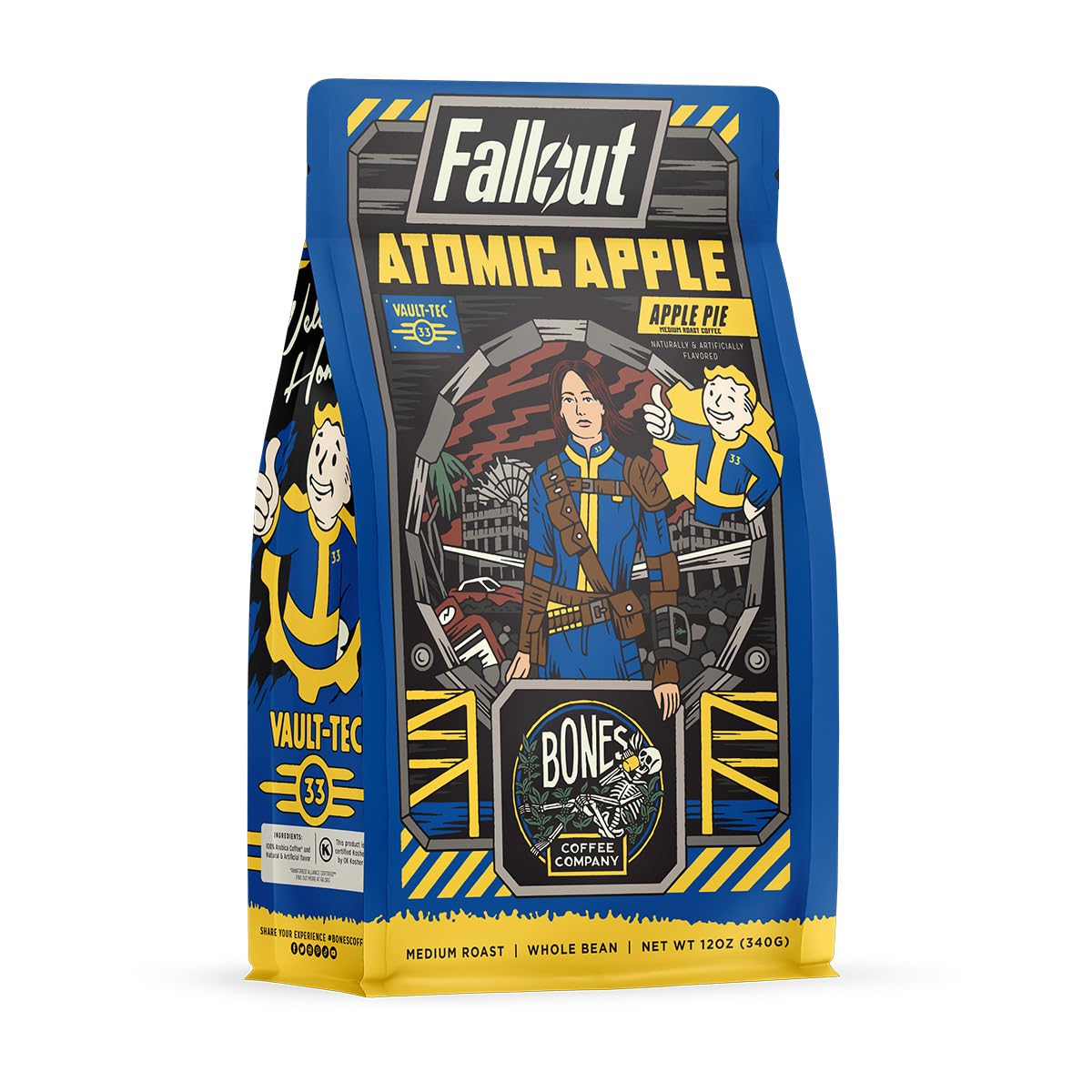 Bones Coffee Company Atomic Apple Flavored Ground Coffee Beans Apple Pie Flavor| 12 oz Medium Roast Arabica Low Acid Coffee | Gourmet Coffee Gifts & Beverages Inspired From Fallout Series (Ground)