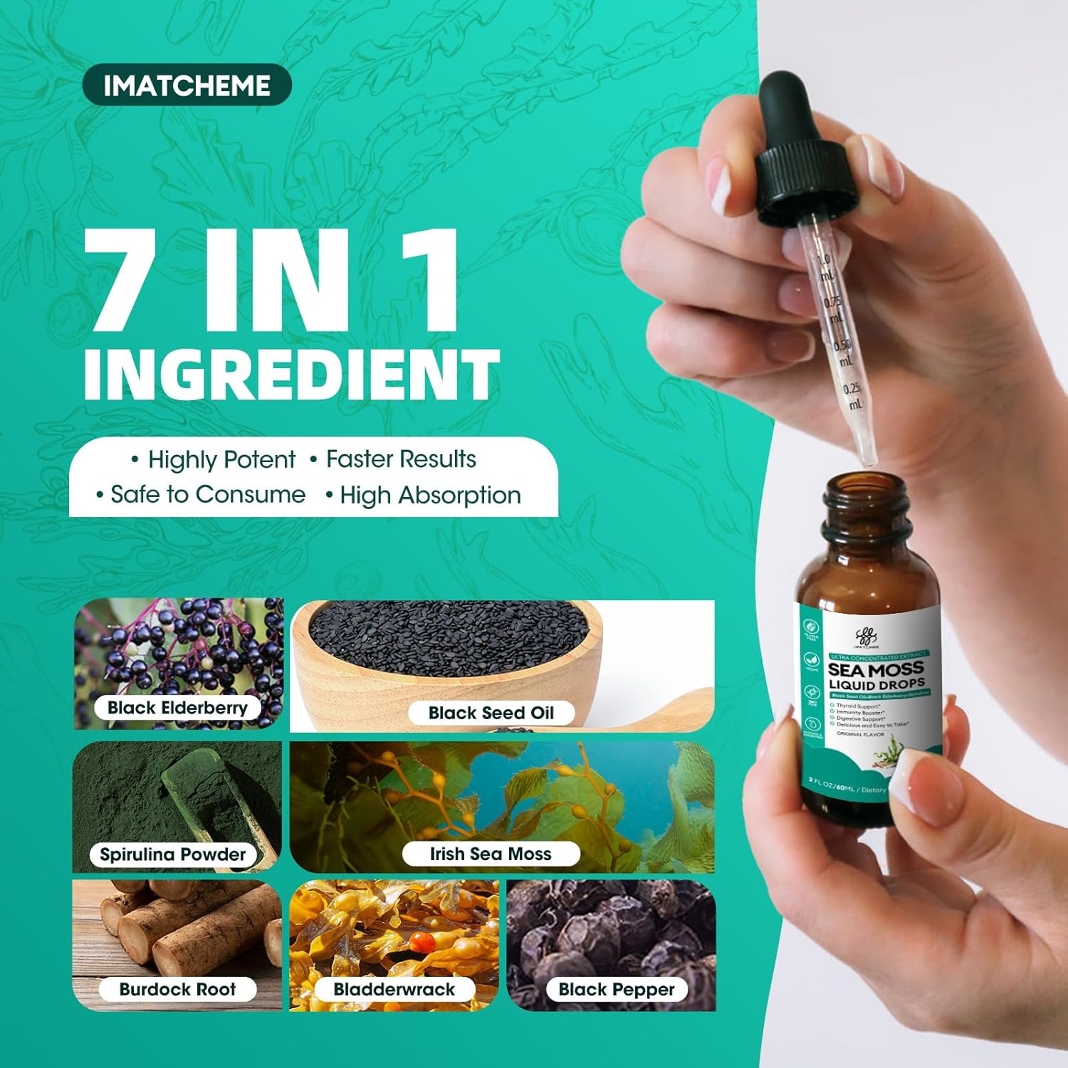 Imatchme Sea Moss Liquid Drops For Immune System, Gut, Skin & Energy, Irish Sea Moss With Black Seed Oil, Spirulina, Black Elderberry, Burdock Root, Bladderwrack, Original Flavor, 2 Fl Oz