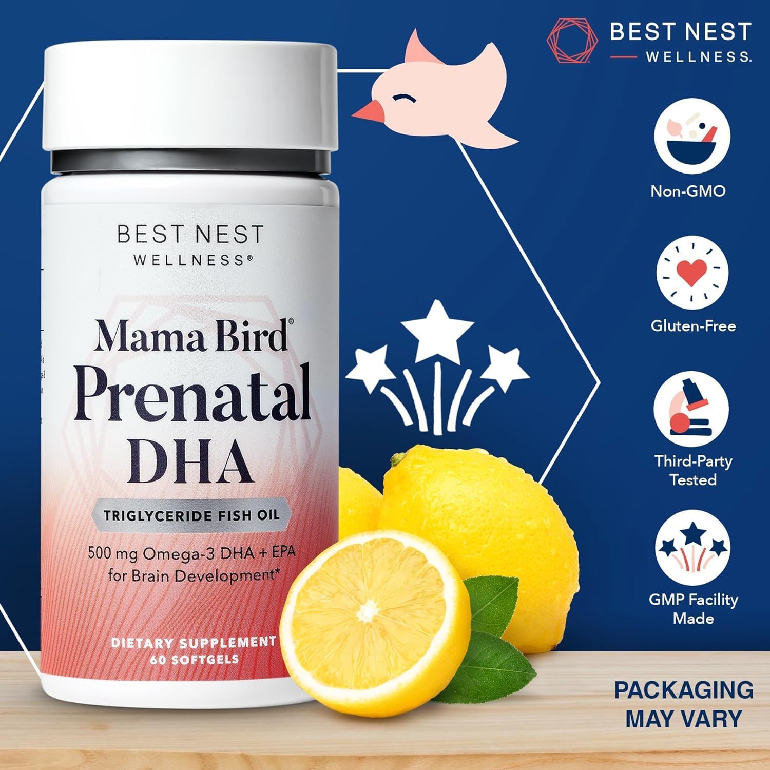 Best Nest Wellness Mama Bird Prenatal DHA Vitamin, Prenatal Omega 3 DHA Supplements, Supports Baby's Brain & Eye Development, 500 mg Triglyceride Fish Oil, Easy to Swallow Lemon Flavor Softgels, 60 Ct : Health & Household