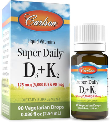 Carlson - Super Daily D3 + K2, 125 mcg (5000 IU) Vitamin D3, 90 mcg Vitamin K2 as MK-7, Bone Support, 90 Liq Drops (2.54 mL)