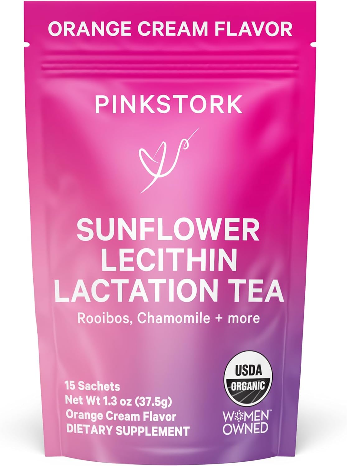 Pink Stork Sunflower Lecithin Lactation Tea, Clogged Milk Duct Support Tea with Fenugreek for Breast Milk Flow, Breastfeeding & Pumping Essentials - Vanilla Orange, 15 Sachets