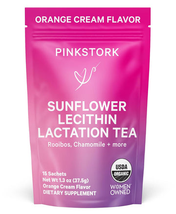 Pink Stork Sunflower Lecithin Lactation Tea, Clogged Milk Duct Support Tea With Fenugreek For Breast Milk Flow, Breastfeeding & Pumping Essentials - Vanilla Orange, 15 Sachets