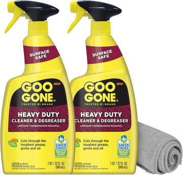 Goo Gone Heavy Duty Cleaner & Degreaser Spray With Microfiber Cleaning Towel – Cuts Through Tough Grease, Oil & Grime - 32 Oz (2 Pack + Towel)