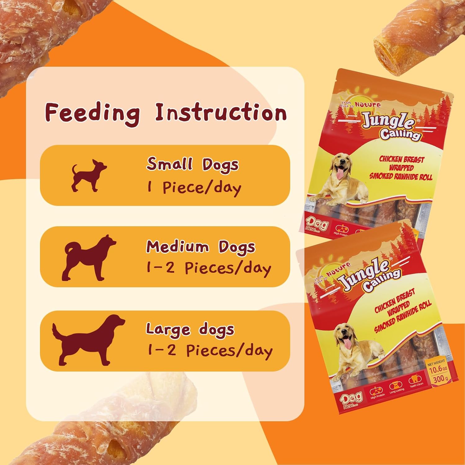 Jungle Calling Dog Treats Smoked Chicken Wrapped Rawhide Rolls, High Protein Dog Chews, Rawhide Chews for Medium and Large Dogs, 10.6 Oz : Pet Supplies