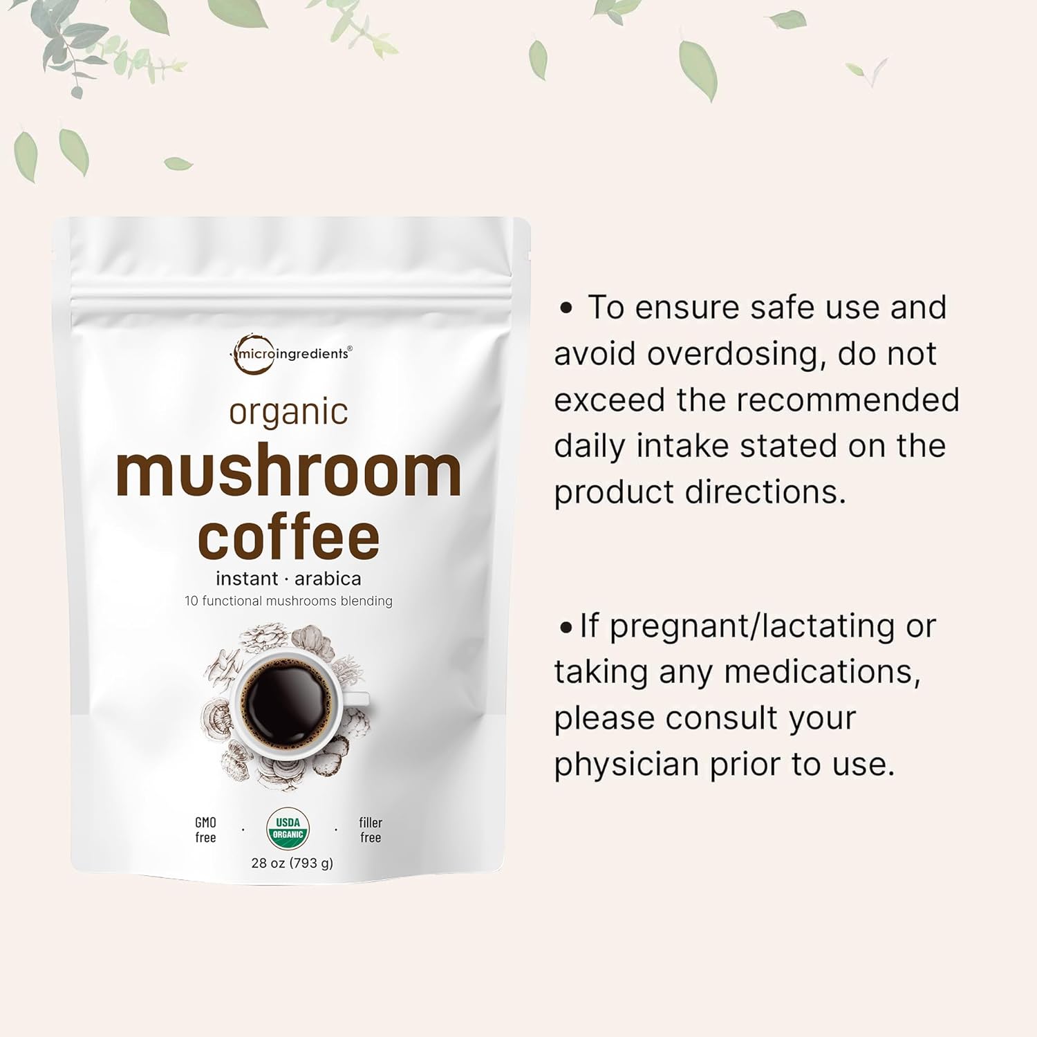 Organic Instant 10 In 1 Mushroom Coffee Powder, 28 Ounce (317 Servings)| Premium Arabica Coffee With Lion’S Mane, Chaga, Reishi,& More| Immune Support