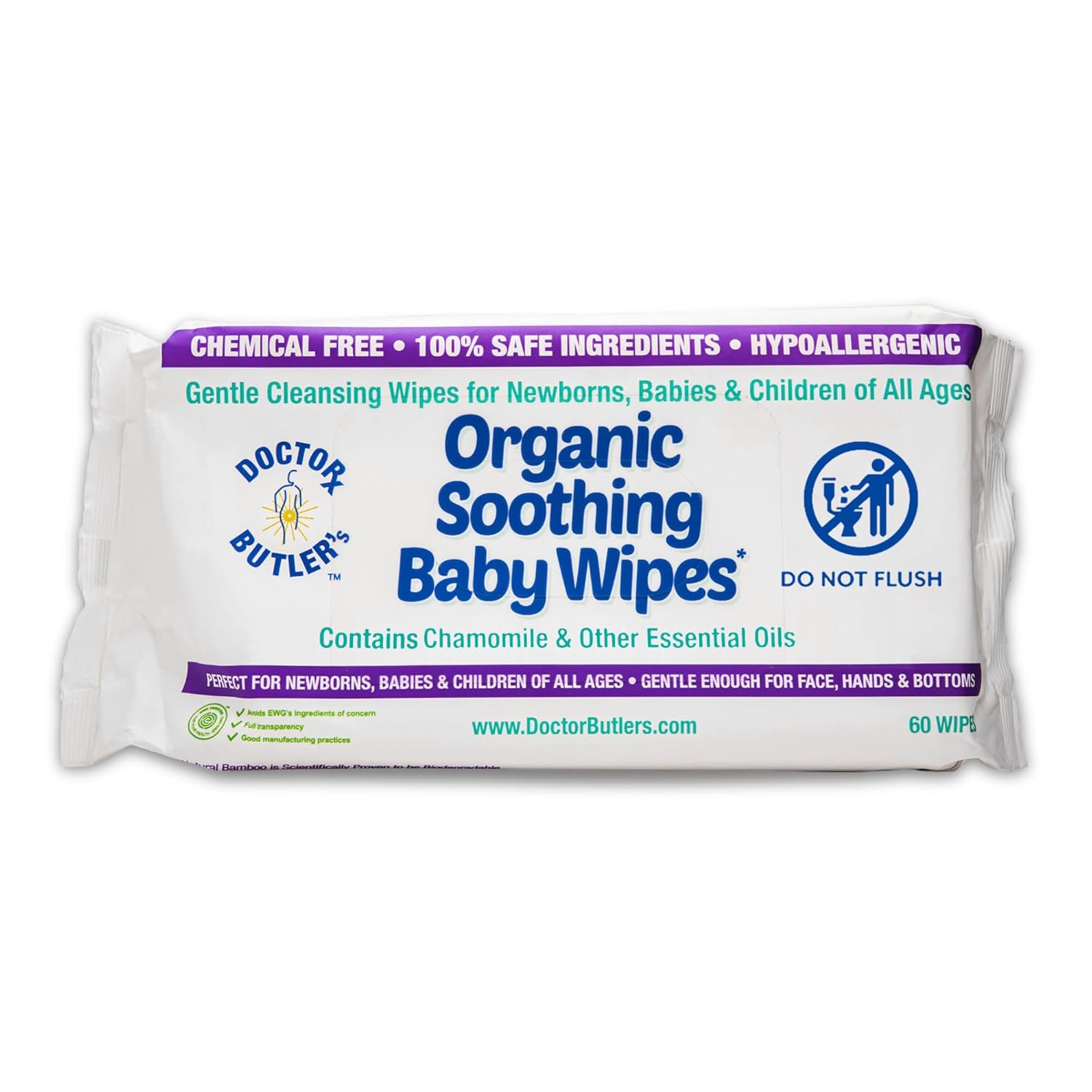 Doctor Butler'S Organic Baby Wipes - Hypoallergenic & Unscented Baby Wipes, Safe For Baby Sensitive Skin Care, Made With Chamomile & Essential Oils (1Pk – 60 Wipes)