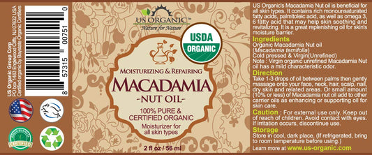 US Organic Macadamia Nut Oil Unrefined Virgin, USDA Certified Organic, Pure & Natural, Cold Pressed, Sourced in Kenya, in Amber Glass Bottle w/Glass Eye dropper for Easy Application (2 oz (Small))