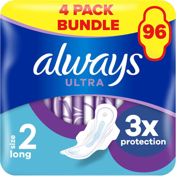 Always Ultra Sanitary Towels, Size 2, Long, Moderate Flow, 96 Pads With Wings (24 x 4 Packs) SAVING PACK, Locks Wetness Leaks & Odours, Thin And Discreet