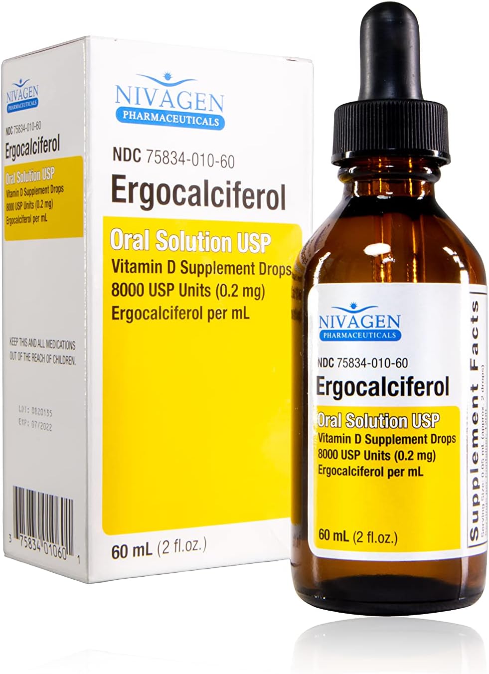Vitamin D2 Liquid Drops as Ergocalciferol, Faster Absorption, 400iu Vitamin D2 8,000 USP, 1,200 Servings, 60ml - 2 fl.oz