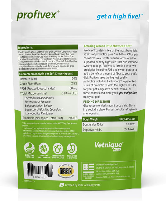 Vetnique Labs Profivex Probiotics for Dogs All Natural Dog Chews & Powder for Digestive Health Probiotic Supplements for Dogs 5 Strains of Probiotics & Prebiotics (Soft Chews, 30ct)
