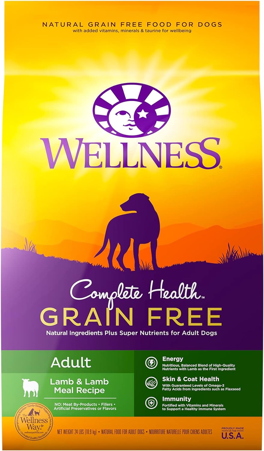 Wellness Complete Health Grain-Free Dry Dog Food, Natural Ingredients, Made in USA with Real Meat, For All Lifestages (Lamb, 24-Pound Bag)
