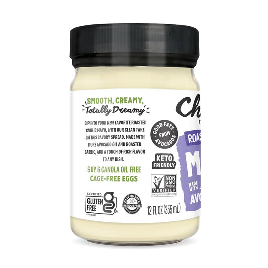 Chosen Foods 100% Avocado Oil-Based Roasted Garlic Mayonnaise, Gluten & Dairy Free, Low-Carb, Keto & Paleo Diet Friendly, Mayo For Sandwiches, Dressings And Sauces, Made With Cage Free Eggs (12 Floz)