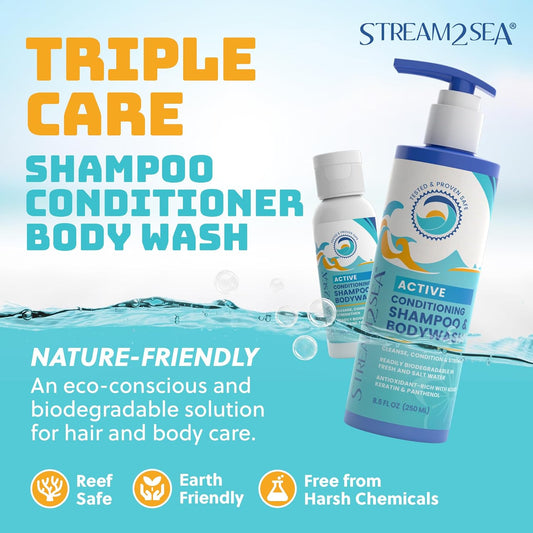 Stream2Sea Leave-in Hair Conditioner with Conditioning Shampoo and Body Wash, Natural, UV Absorbent Paraben-Free Hair Care - Conditions, Detangles, Cleanses Hair and Body, Sulfate Free, Paraben Free