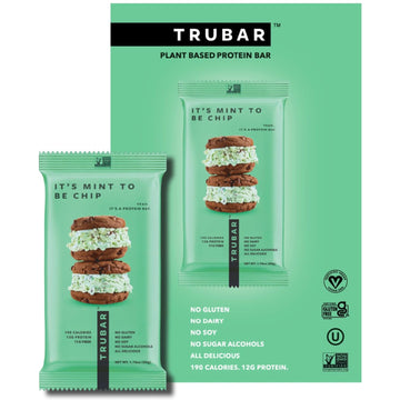 Trubar Vegan Protein Bar, It’S Mint To Be Chip, Gluten Free, Plant Based Protein, Dairy Free, Non Gmo, Soy Free, No Sugar Alcohols, 12G Protein, 12G Fiber, 23G Carb, On The Go Snack Bars, 12 Ct